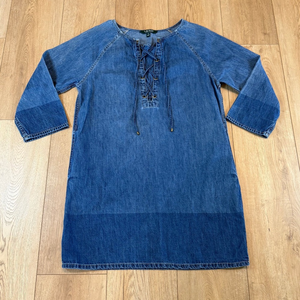 Lauren Ralph Lauren Denim Lace Up Tunic‎ Dress Blue Cotton Petite Medium PM